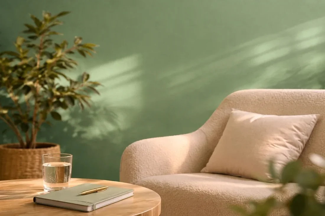 Ambiente acolhedor de psicoterapia online com tons de verde sálvia.