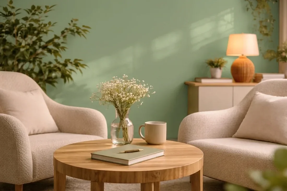 Espaço terapêutico com tons de verde sálvia e poltronas acolhedoras.