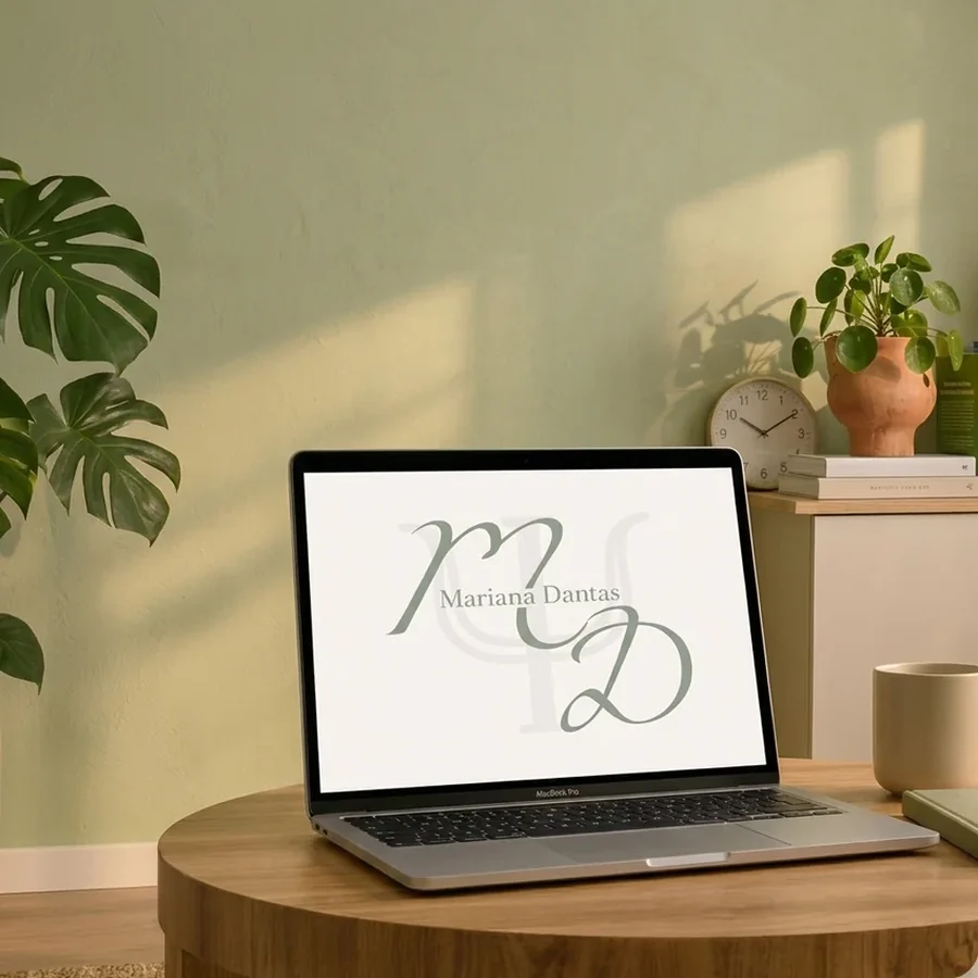 Notebook com identidade visual de Mariana Dantas em ambiente de psicoterapia online.